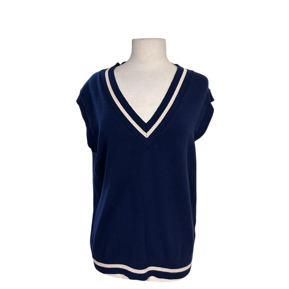 Sunday Best Women L Navy Sweater Vest Oversized V-Neck Academia Preppy Work